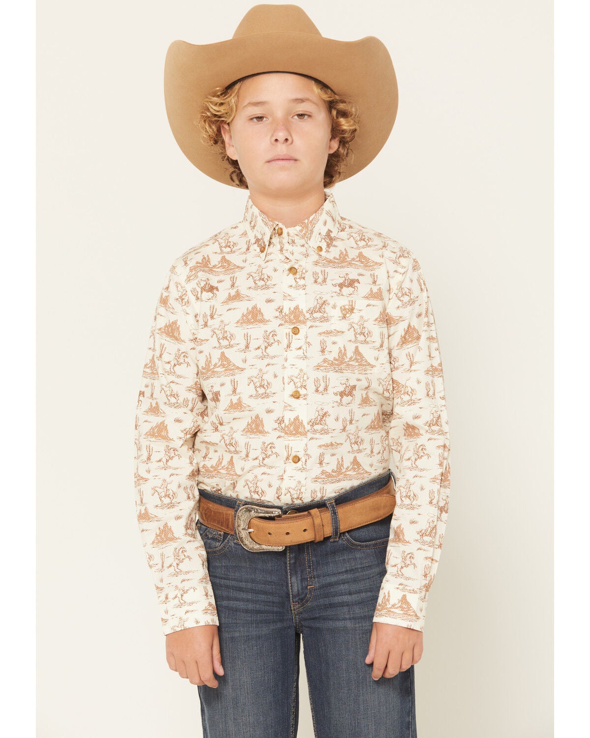Ariat Boys' Conversation Print Long Sleeve Button-Down Western Shirt, Cream, hi-res
