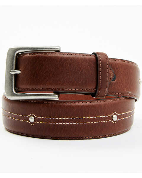 Hawx Men's Brown Center Stitch Studded Leather Belt, Brown, hi-res