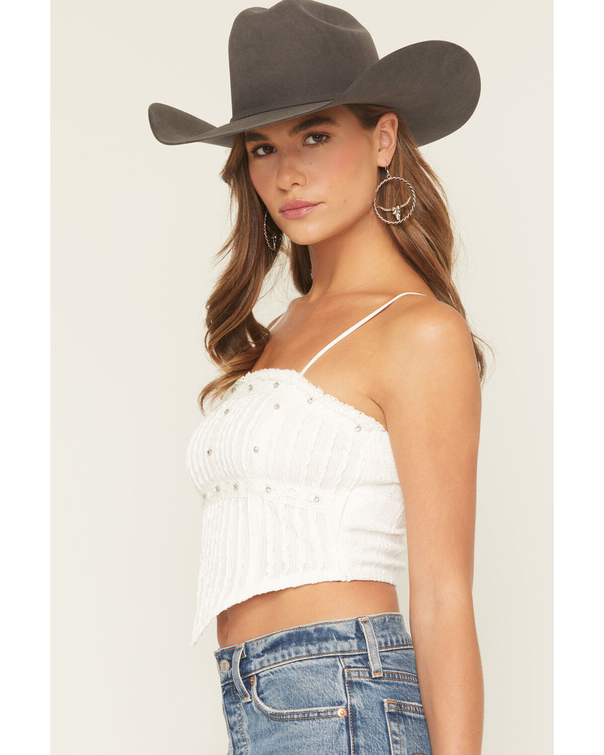 Image #2 - Miss Me Women's Studded Cropped Tank Top, White, hi-res