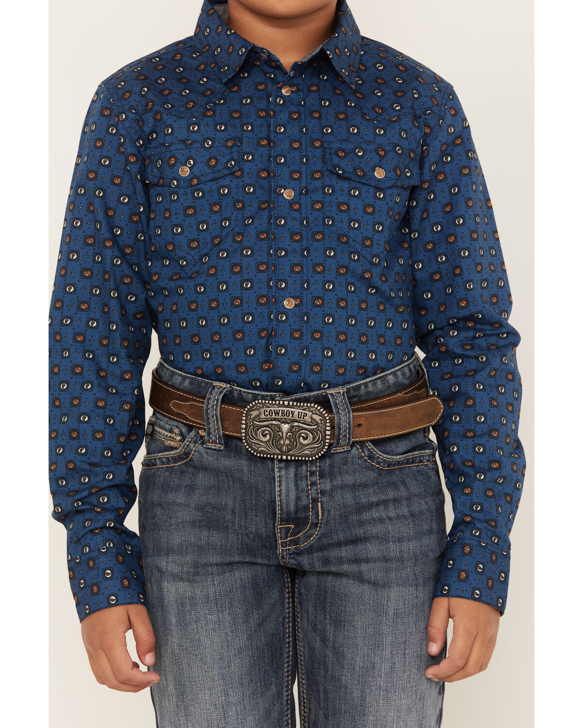Image #3 - Cody James Boys' Prime Time Geo Print Long Sleeve Western Snap Shirt, Dark Blue, hi-res