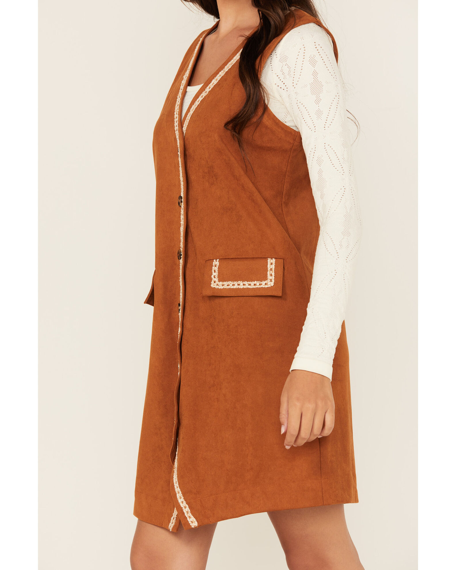 Image #3 - Miss Me Women's Embroidered Faux Suede Sleeveless Button-Down Mini Dress, Camel, hi-res
