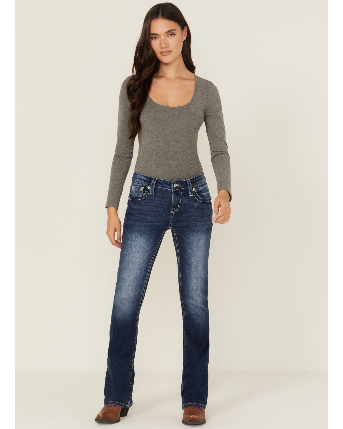 Image #2 - Shyanne Women's Mid Rise Dark Wash Bootcut Paisley Faux Flap Stretch Denim Jeans, Dark Wash, hi-res