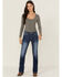 Image #2 - Shyanne Women's Mid Rise Dark Wash Bootcut Paisley Faux Flap Stretch Denim Jeans, Dark Wash, hi-res