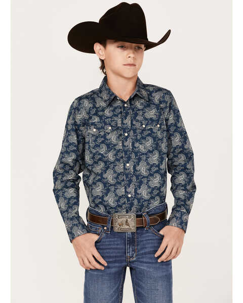 Cody James Boys' Paisley Print Long Sleeve Western Snap Shirt, Navy, hi-res