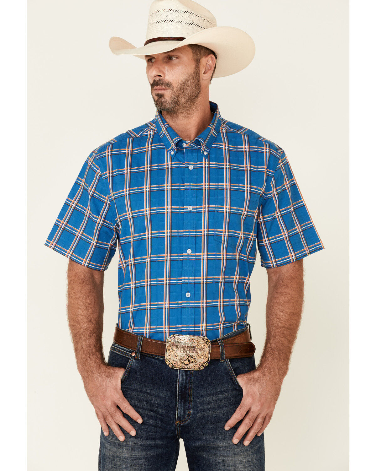 Image #1 - Cody James Core Men's Volt Plaid Print Short Sleeve Button Down Western Shirt, , hi-res