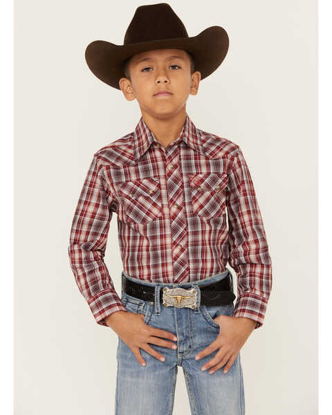 Image #1 - Wrangler Retro Boys' Plaid Print Long Sleeve Snap Western Shirt , Red, hi-res