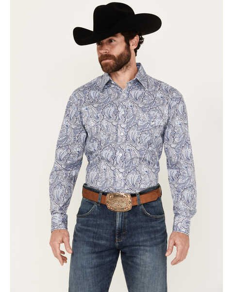 Image #1 - Rough Stock by Panhandle Men's Paisley Print Long Sleeve Pearl Snap Western Shirt, Blue, hi-res