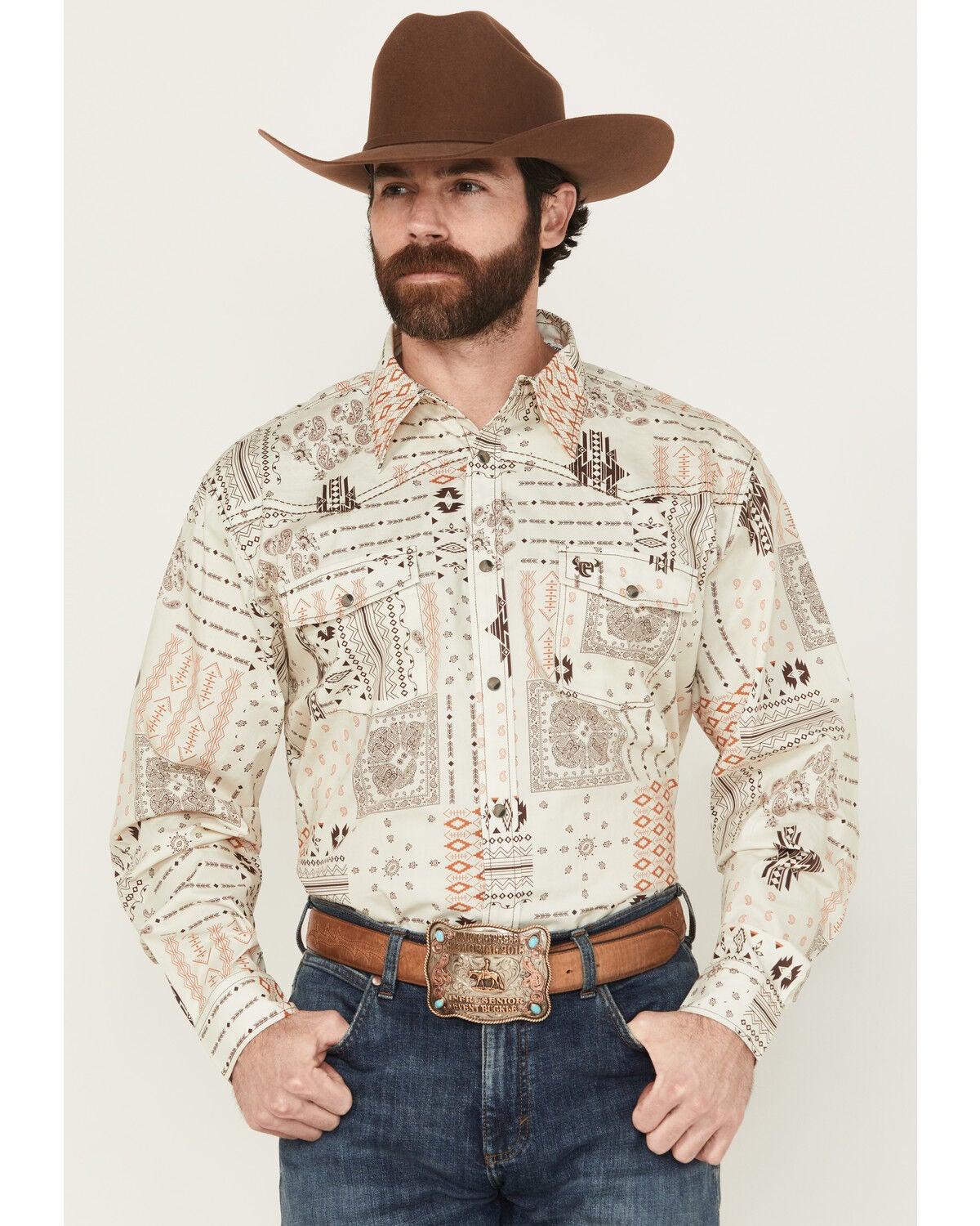 Cowboy Hardware Men's Southwestern Print Long Sleeve Snap Stretch Western Shirt, Tan, hi-res