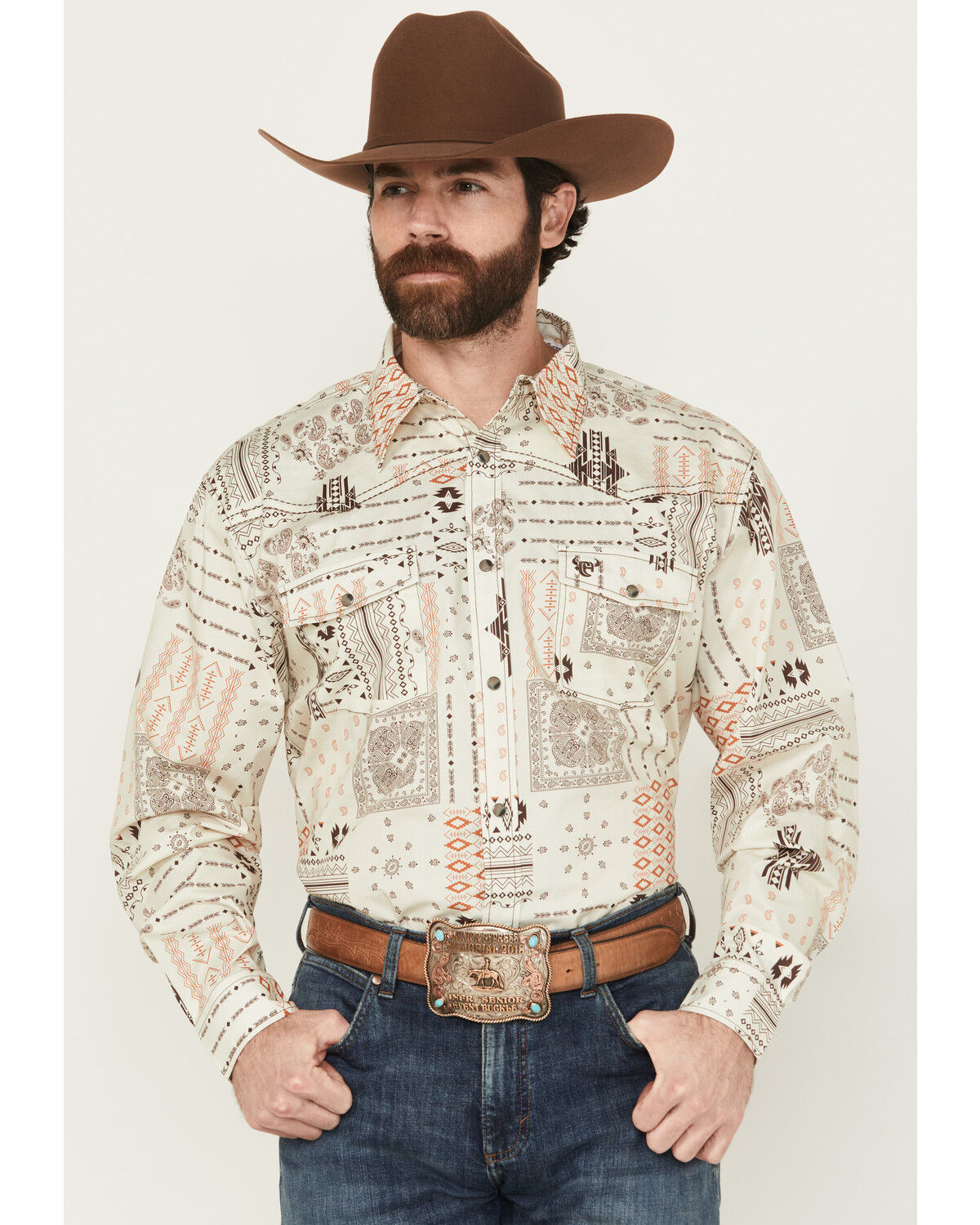 Image #1 - Cowboy Hardware Men's Southwestern Print Long Sleeve Snap Stretch Western Shirt, Tan, hi-res