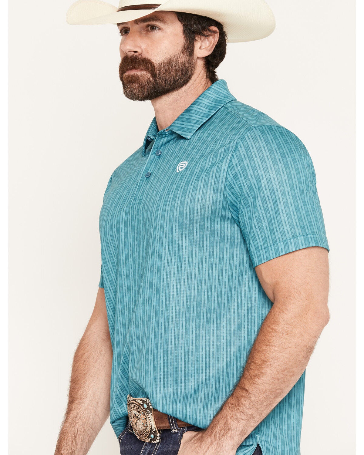 Image #2 - Rock & Roll Denim Men's Striped Short Sleeve Button-Down Polo, Turquoise, hi-res