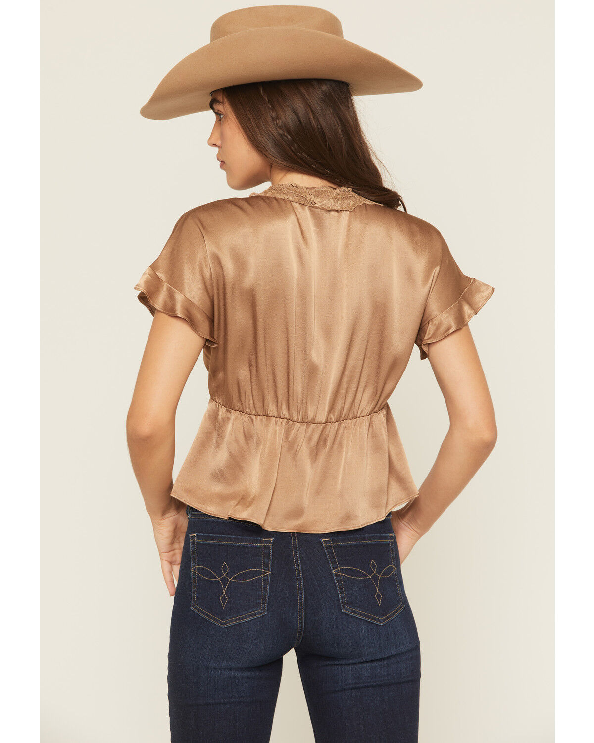 Image #4 - Shyanne Women's Satin Lace Trim Short Sleeve Button-Down Shirt, Coffee, hi-res