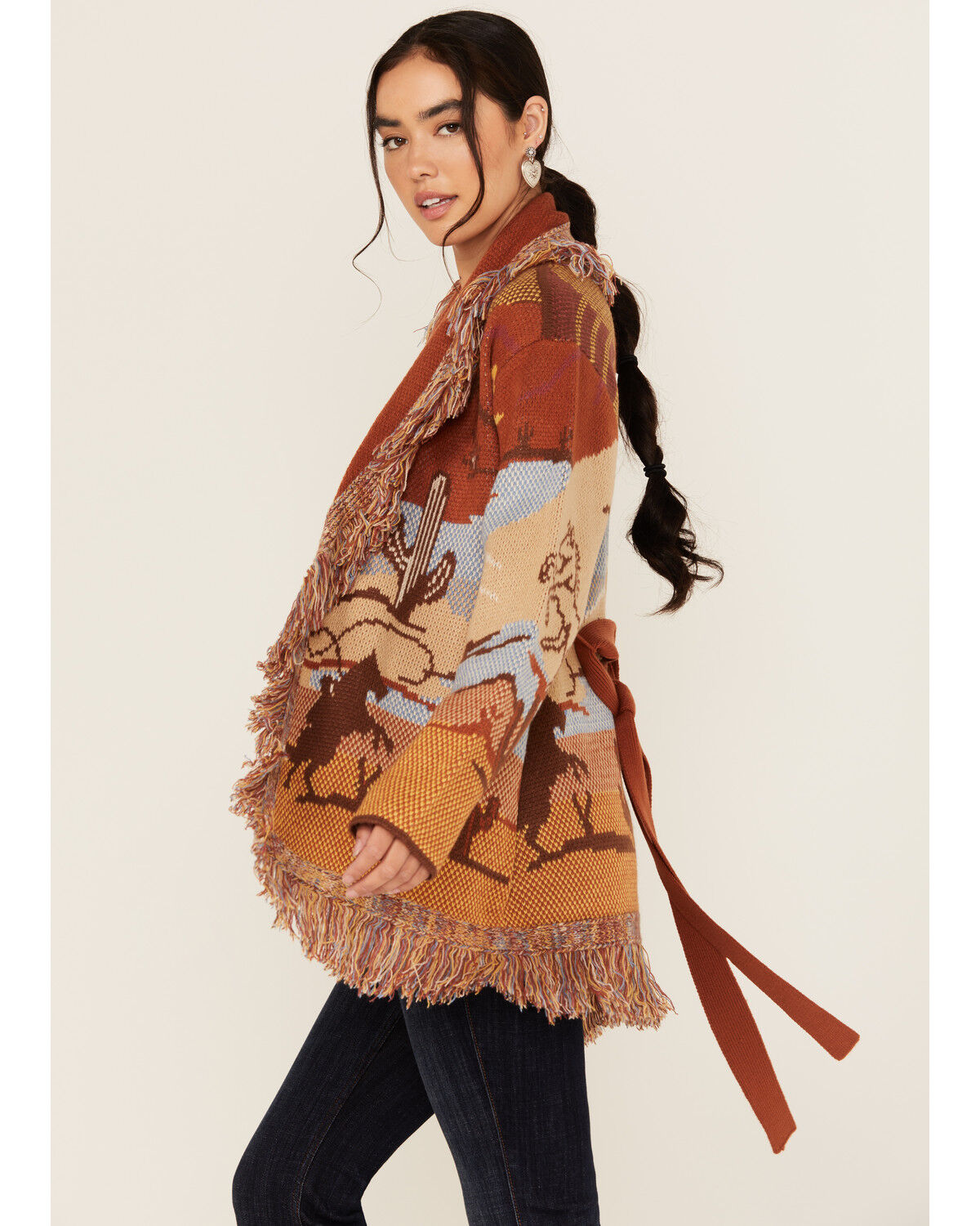 Image #2 - Idyllwind Women's Minette Western Scenic Fringe Cardigan, Lt Brown, hi-res