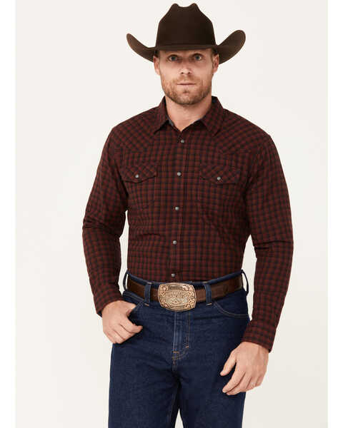 Image #1 - Cody James Men's Long Rider Plaid Print Long Sleeve Snap Western Flannel Shirt, Dark Red, hi-res