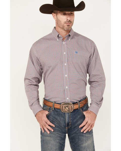 Image #1 - Cinch Men's Diamond Geo Print Long Sleeve Button-Down Western Shirt, Blue/red, hi-res