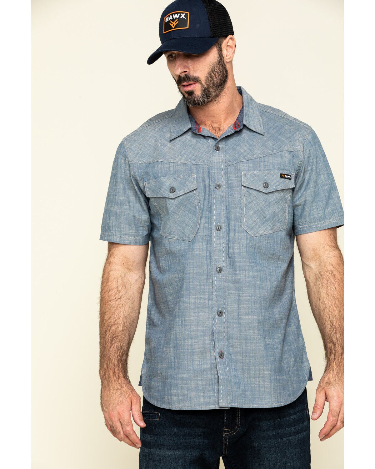 Hawx Men's Rancho Chambray Solid Short Sleeve Work Shirt - Tall, Blue, hi-res