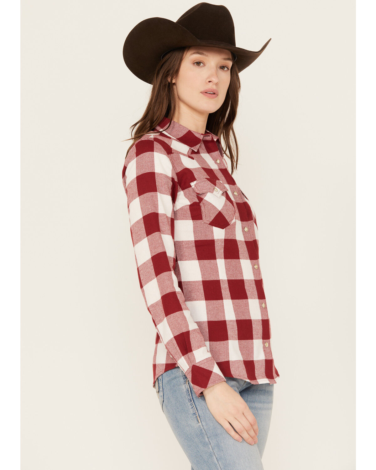 Image #2 - Wrangler Retro Women's Boot Barn Exclusive Long Sleeve Snap Western Flannel Shirt, Red, hi-res