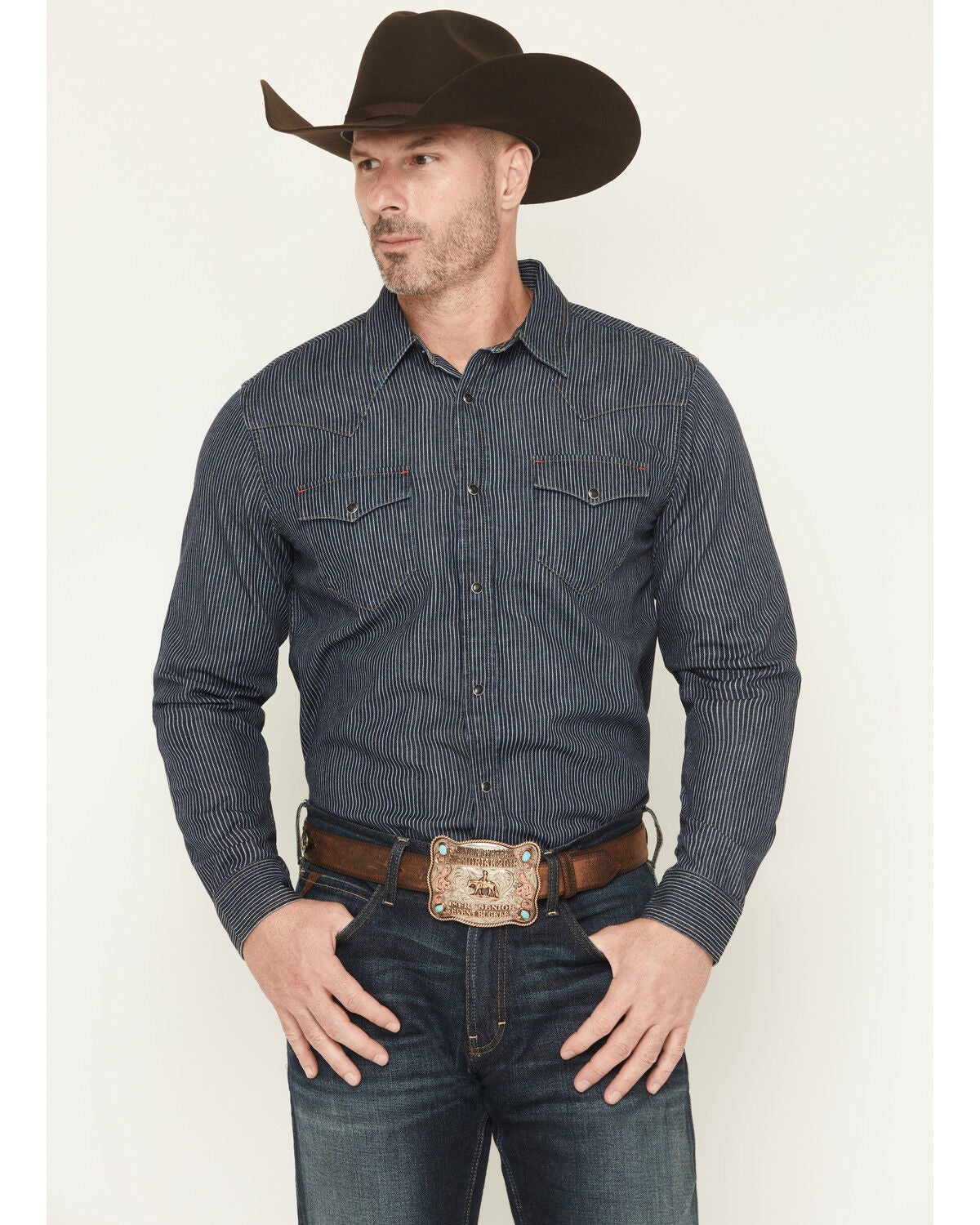Image #1 - Blue Ranchwear Men's Dark Wash Railroad Striped Print Long Sleeve Snap Western Shirt, Dark Wash, hi-res