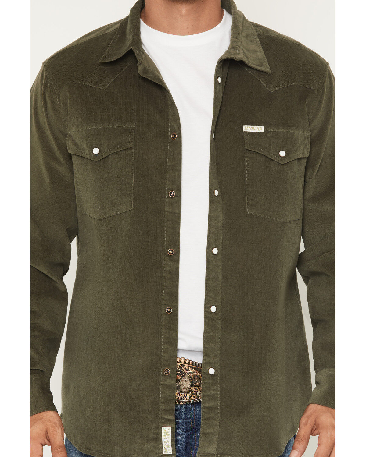 Image #3 - Sendero Provisions Men's Wyatt Corduroy Long Sleeve Snap Stretch Western Shirt, Olive, hi-res