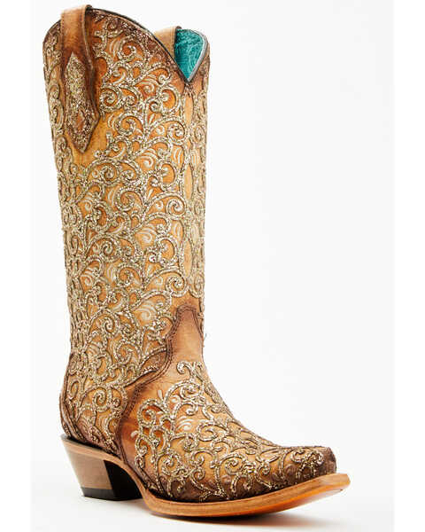 Image #1 - Corral Women's Saddle Glitter Overlay Triad Western Boots - Snip Toe , Brown, hi-res