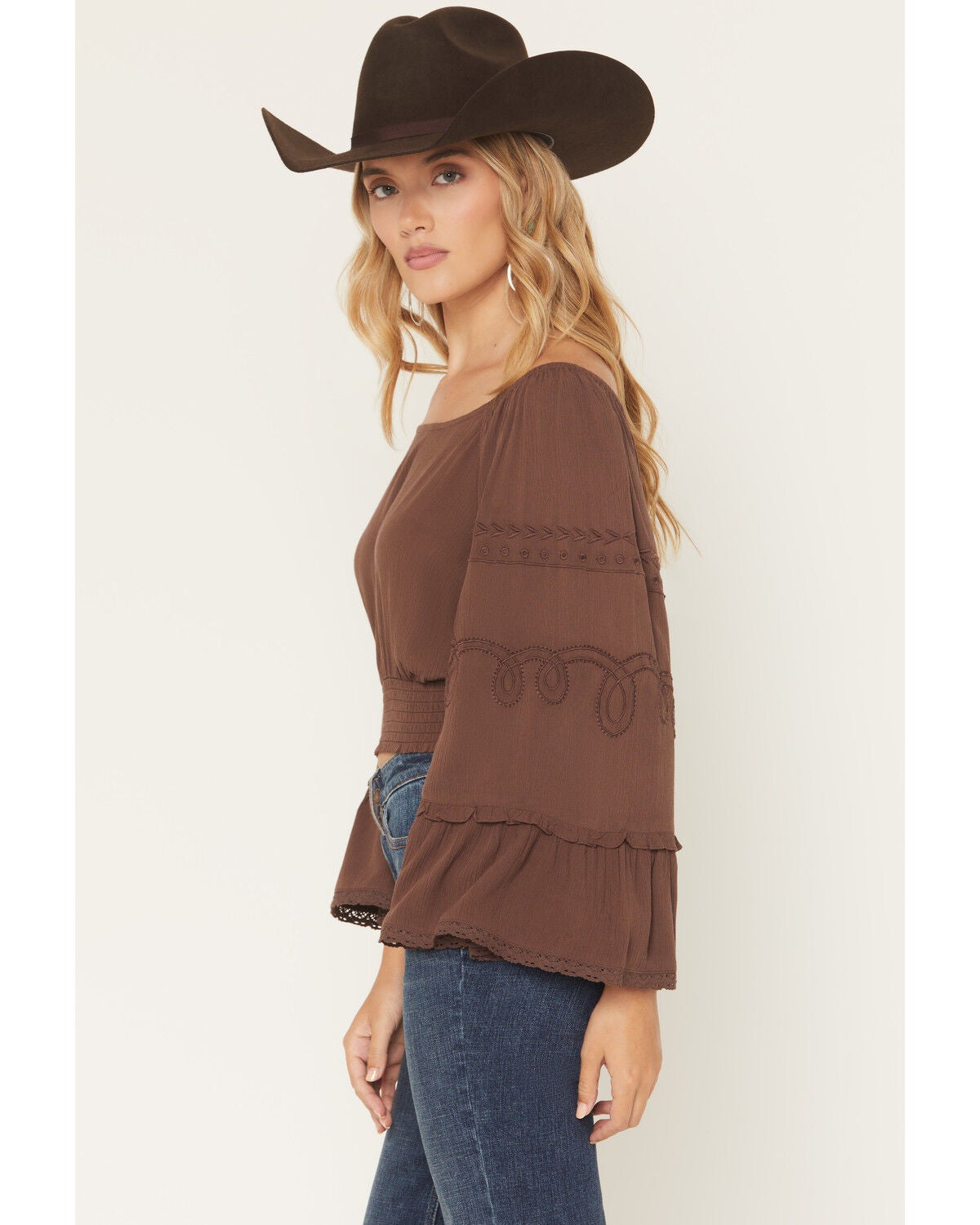 Image #2 - Shyanne Women's Pearl Embroidered Long Bell Sleeve Shirt, Brown, hi-res