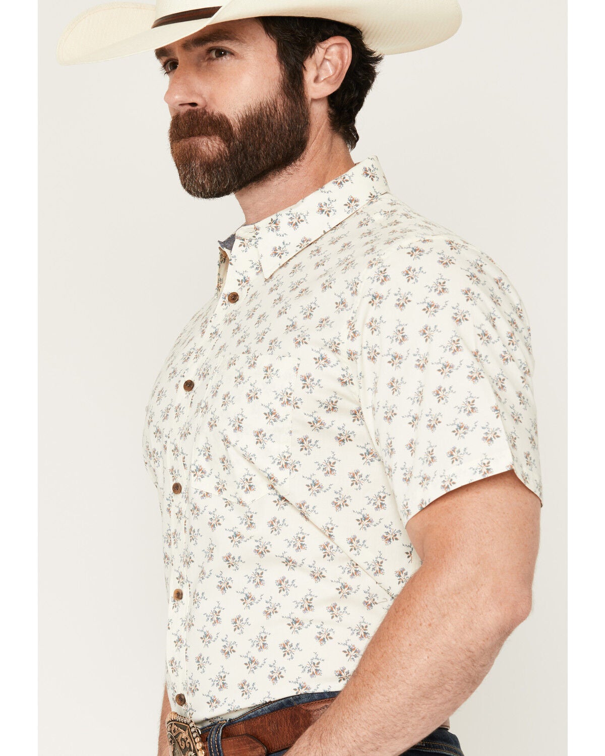 Image #2 - Cody James Men's Off Chute Floral Print Short Sleeve Button-Down Stretch Western Shirt, Cream, hi-res