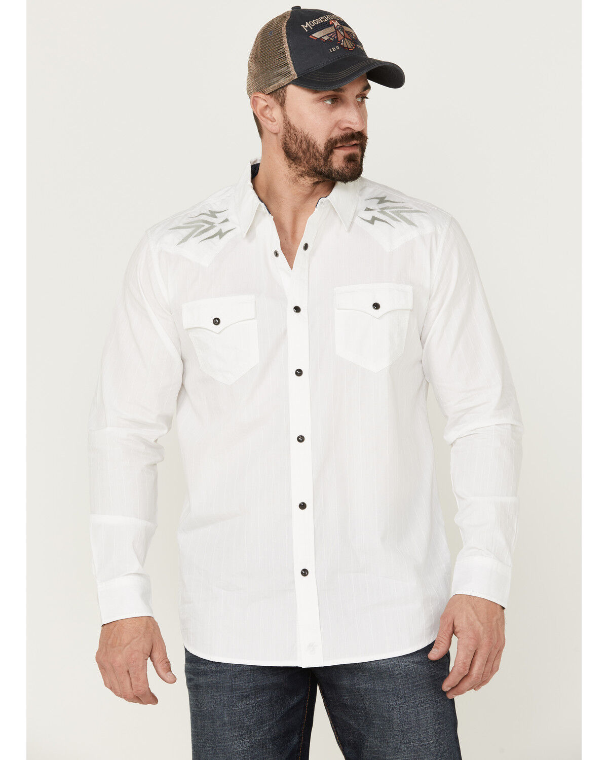 Image #1 - Moonshine Spirit Men's Relic Embroidered Southwestern Yoke Long Sleeve Snap Western Shirt, White, hi-res