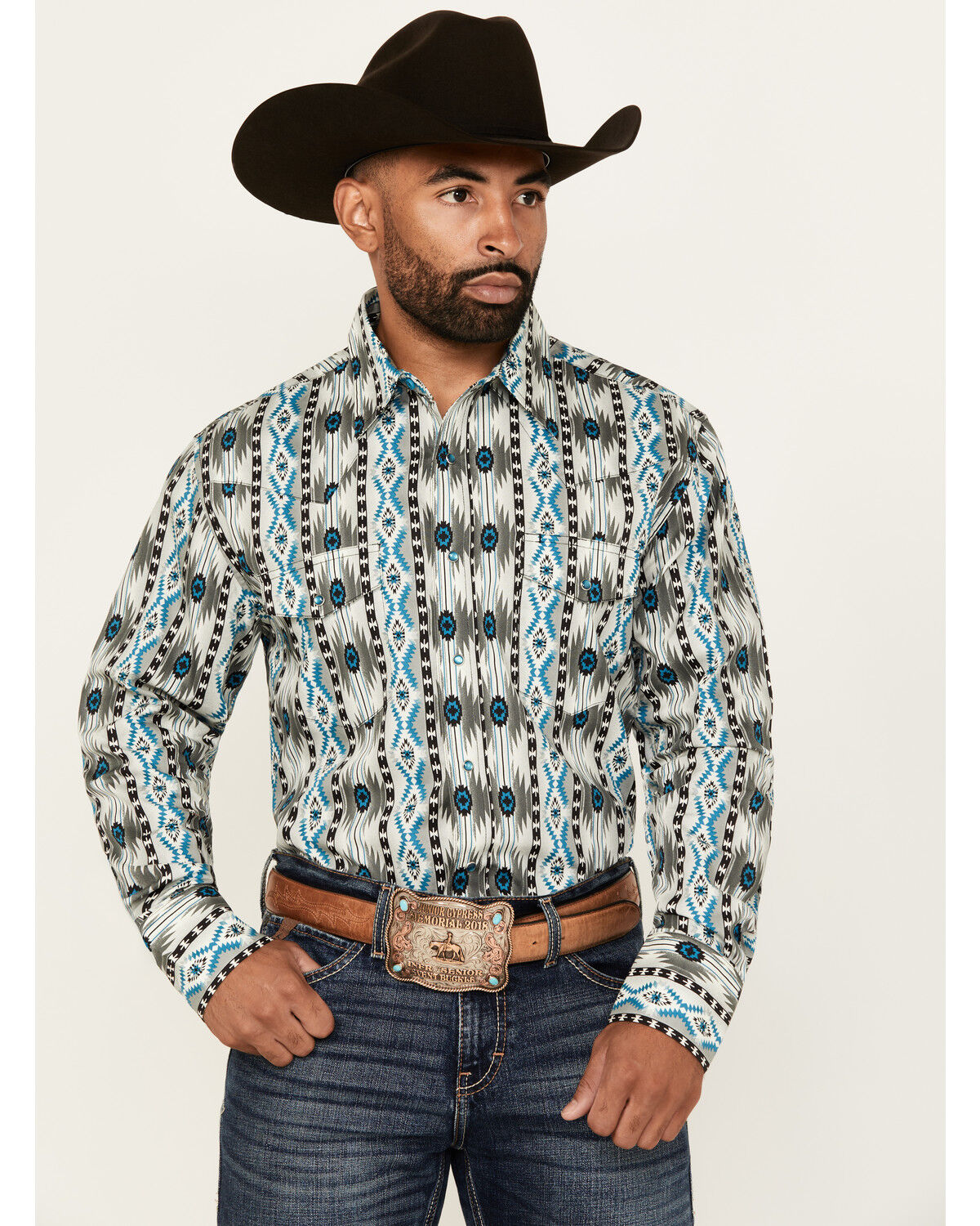 Image #1 - Wrangler Men's Checotah Southwestern Print Long Sleeve Snap Western Shirt, Multi, hi-res