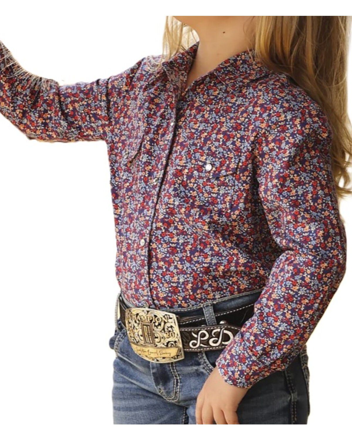 Image #1 - Cruel Girl Girl's Floral Print Long Sleeve Rhinestone Snap Western Shirt, Blue, hi-res