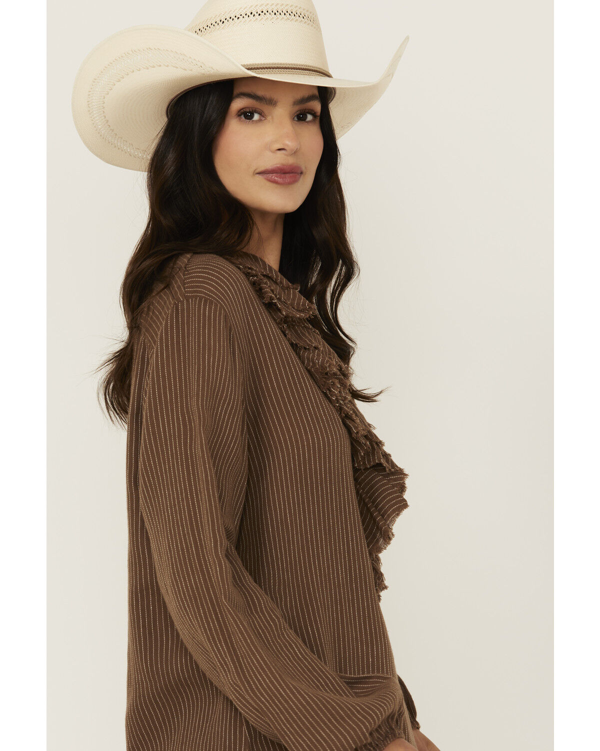 Image #2 - Cleo + Wolf Women's Bren Ruffle Front Long Sleeve Shirt, Chocolate Brown, hi-res
