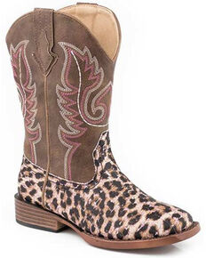 Roper Girls' Glitter Leopard Western Boots - Square Toe, Brown, hi-res