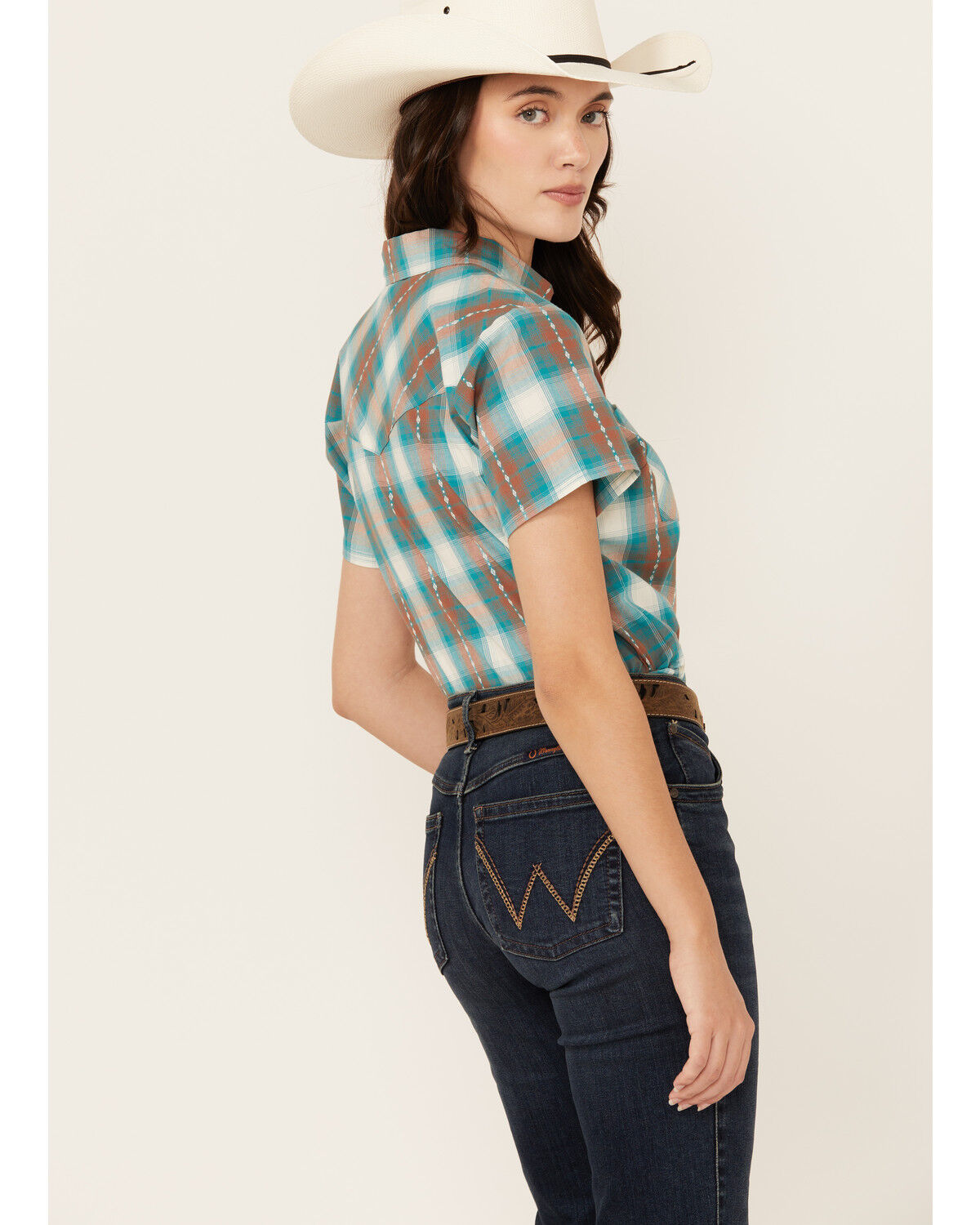 Image #4 - Shyanne Women's Plaid Print Short Sleeve Button-Down Stretch Western Shirt, Caramel, hi-res