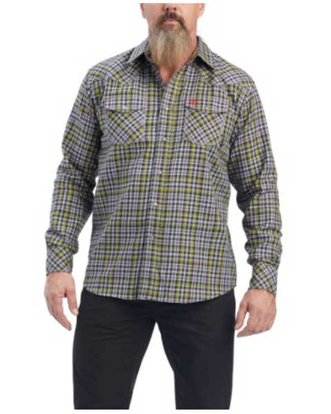 Ariat Men's FR Landry Retro Plaid Print Long Sleeve Snap Work Shirt , Green, hi-res