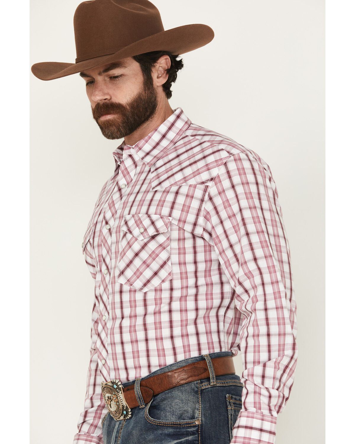 Image #2 - Wrangler Men's 20X Plaid Print Long Sleeve Button-Down Stretch Western Shirt - Tall, Wine, hi-res