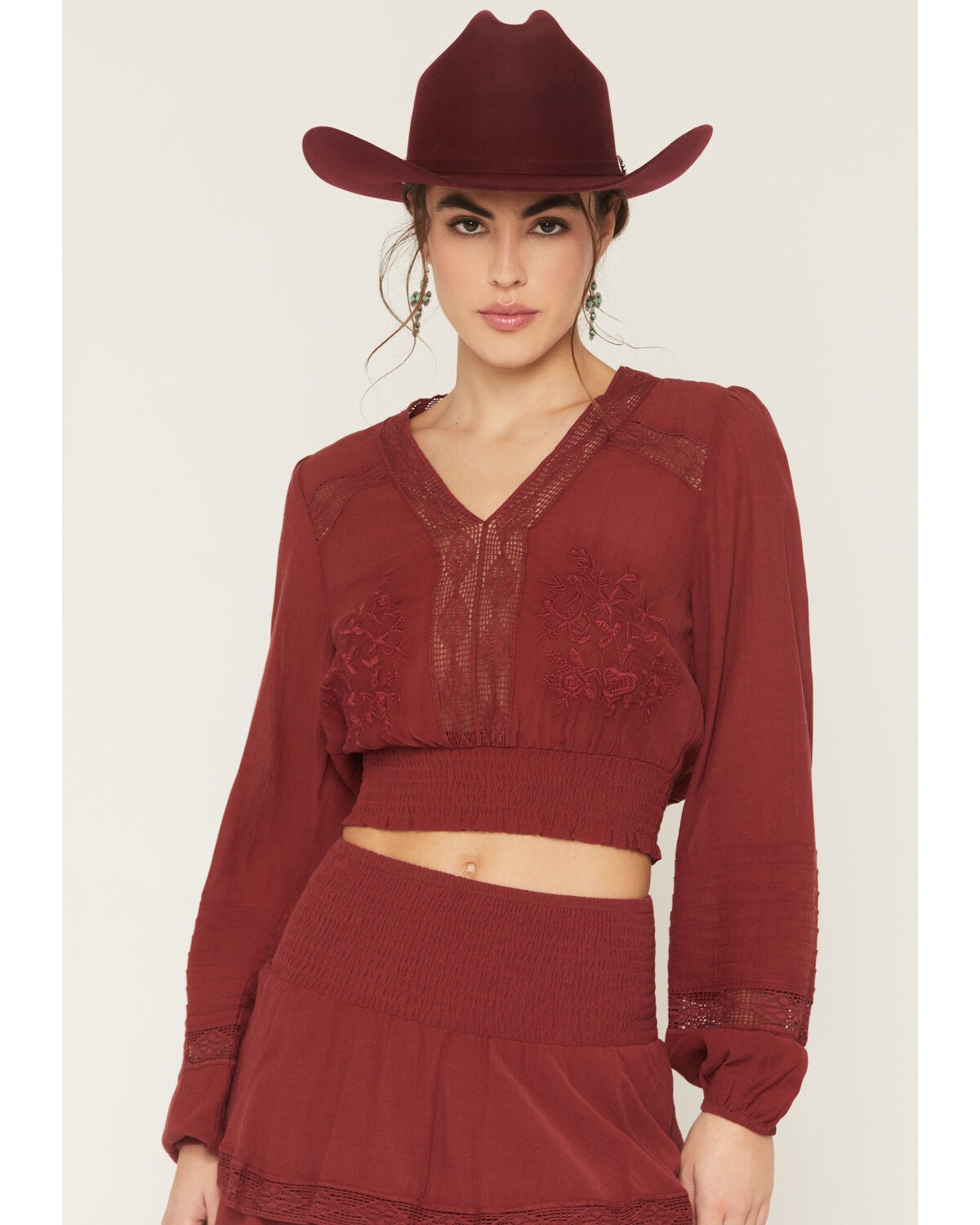 Image #3 - Shyanne Women's Embroidered Smocked Long Sleeve Shirt, Burgundy, hi-res