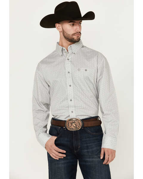 Image #1 - George Strait by Wrangler Men's Square Geo Print Long Sleeve Button-Down Stretch Western Shirt , Grey, hi-res