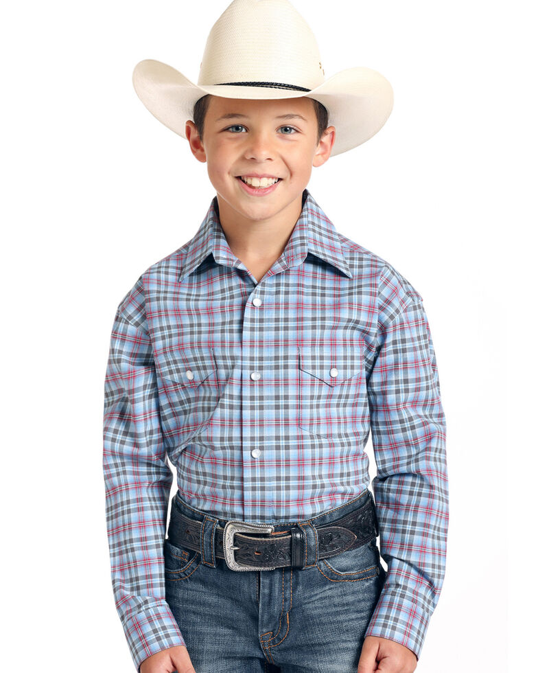 Rough Stock By Panhandle Boys' Luge Ombre Stretch Plaid Long Sleeve Western Shirt , Blue, hi-res