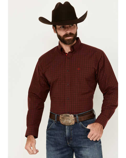 Image #1 - Ariat Men's Neal Plaid Print Long Sleeve Button-Down Western Shirt, Wine, hi-res
