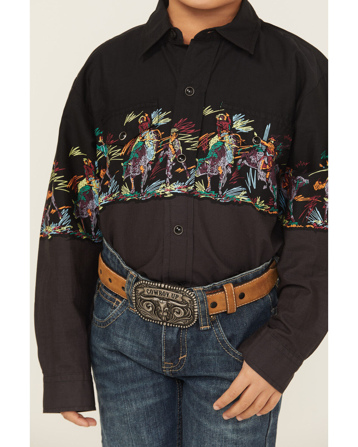 Image #2 - Roper Boys' Striped Border Print Long Sleeve Snap Western Shirt, Black, hi-res