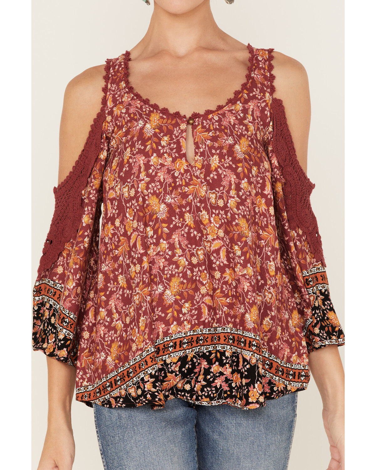 Image #3 - Wild Moss Women's Floral Print Cold Shoulder Top, Rust Copper, hi-res