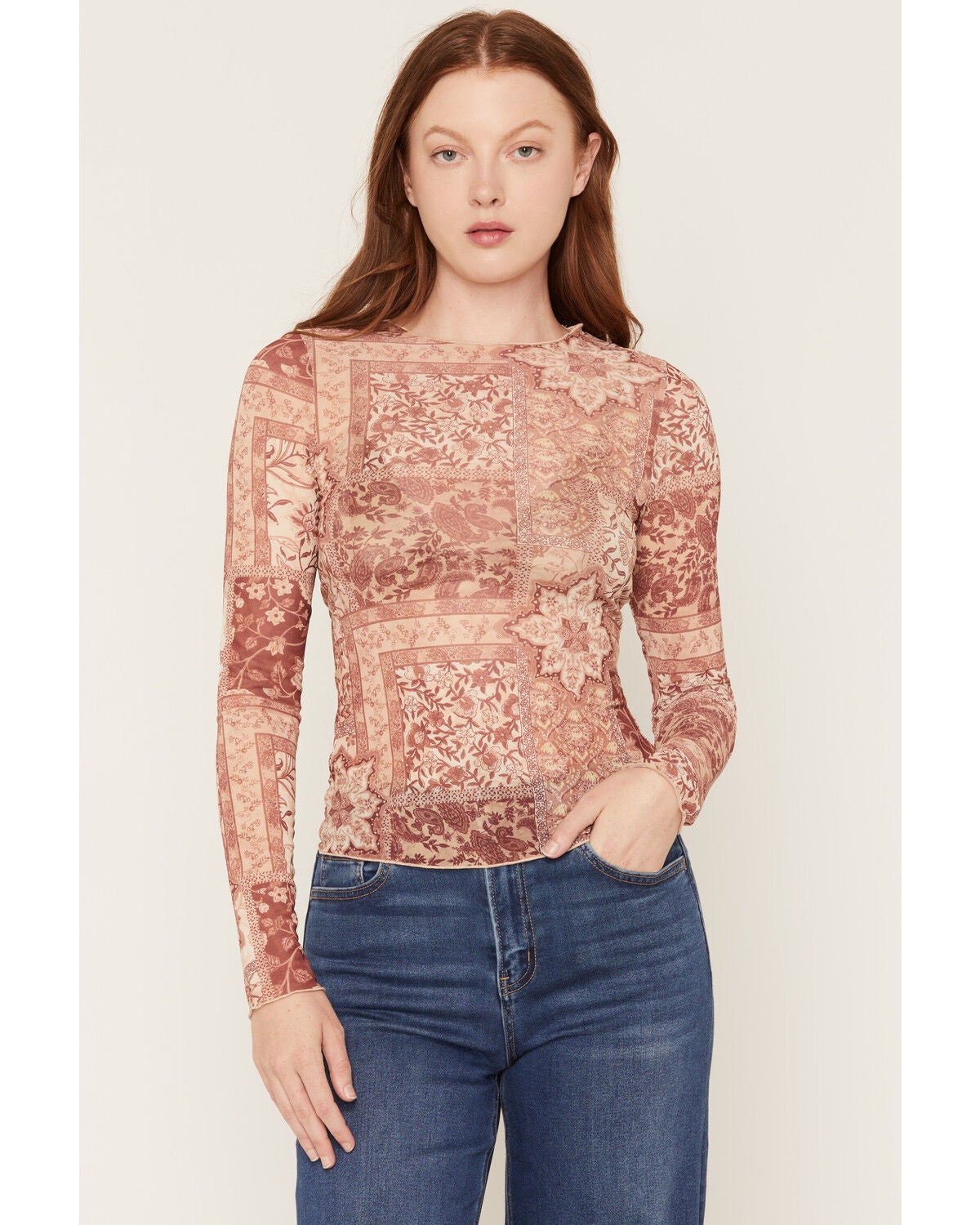 Trixxi Women's Bandana Print Long Sleeve Mesh Shirt, Rust Copper, hi-res