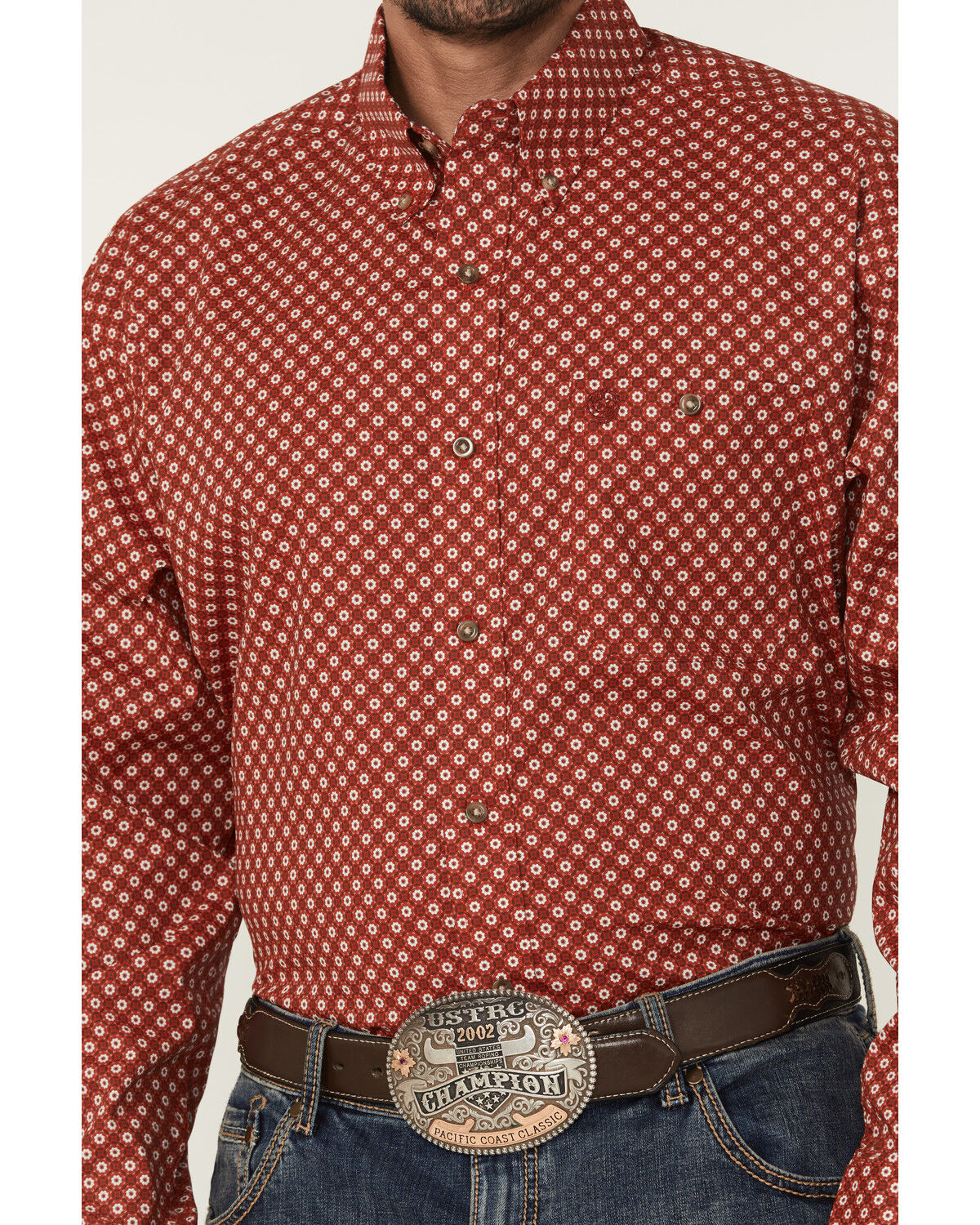 Image #3 - George Strait by Wrangler Men's Geo Print Long Sleeve Button-Down Stretch Western Shirt - Tall, Red, hi-res