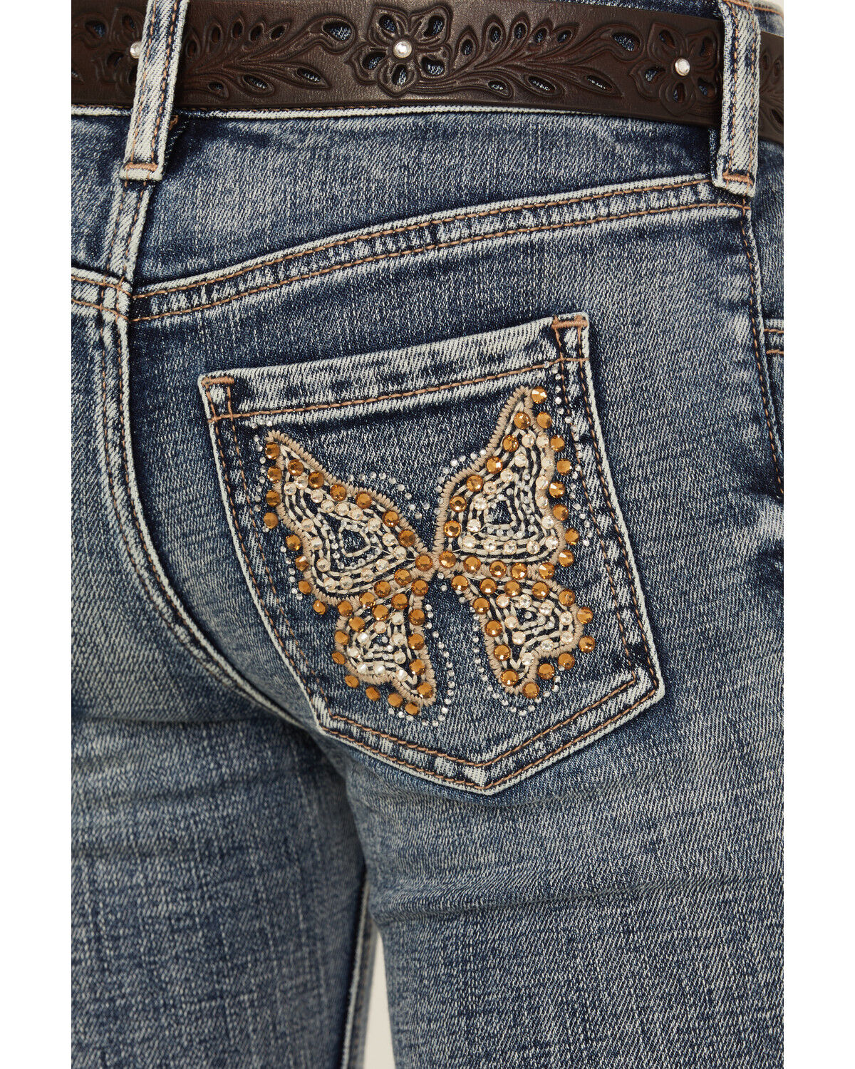 Image #2 - Shyanne Girls' Dawn Studded Pocket Bootcut Stretch Denim Jeans, Dark Wash, hi-res