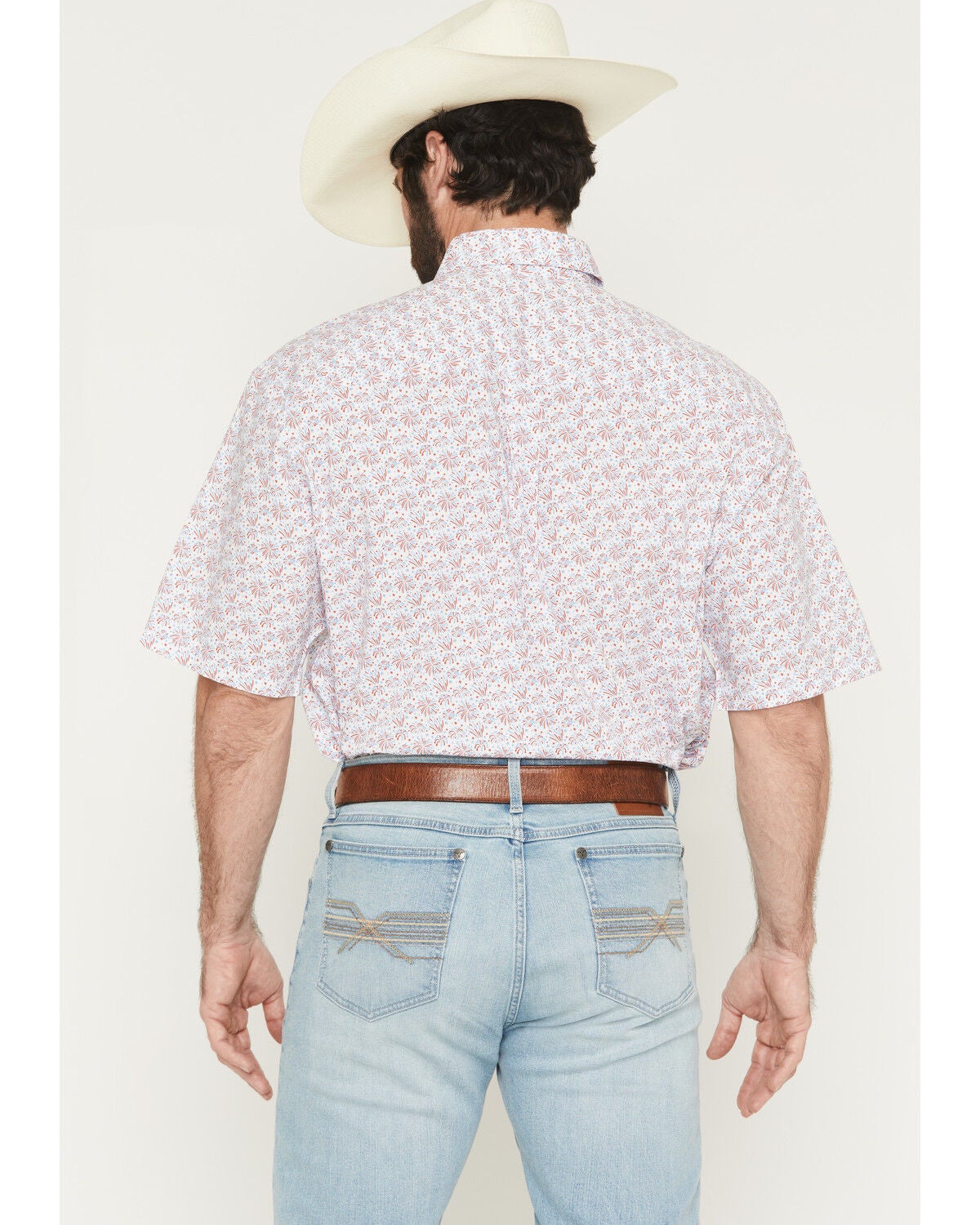 Image #4 - George Strait by Wrangler Men's Firework Print Short Sleeve Button-Down Stretch Western Shirt, Blue, hi-res