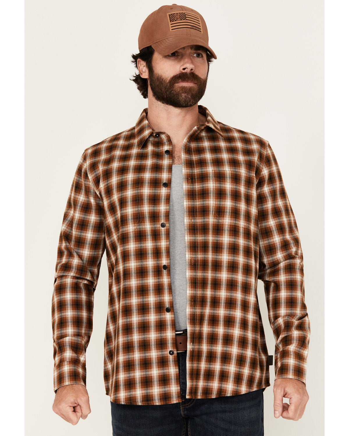 Brothers and Sons Men's Dorado Plaid Print Long Sleeve Button-Down Western Shirt, Brown, hi-res