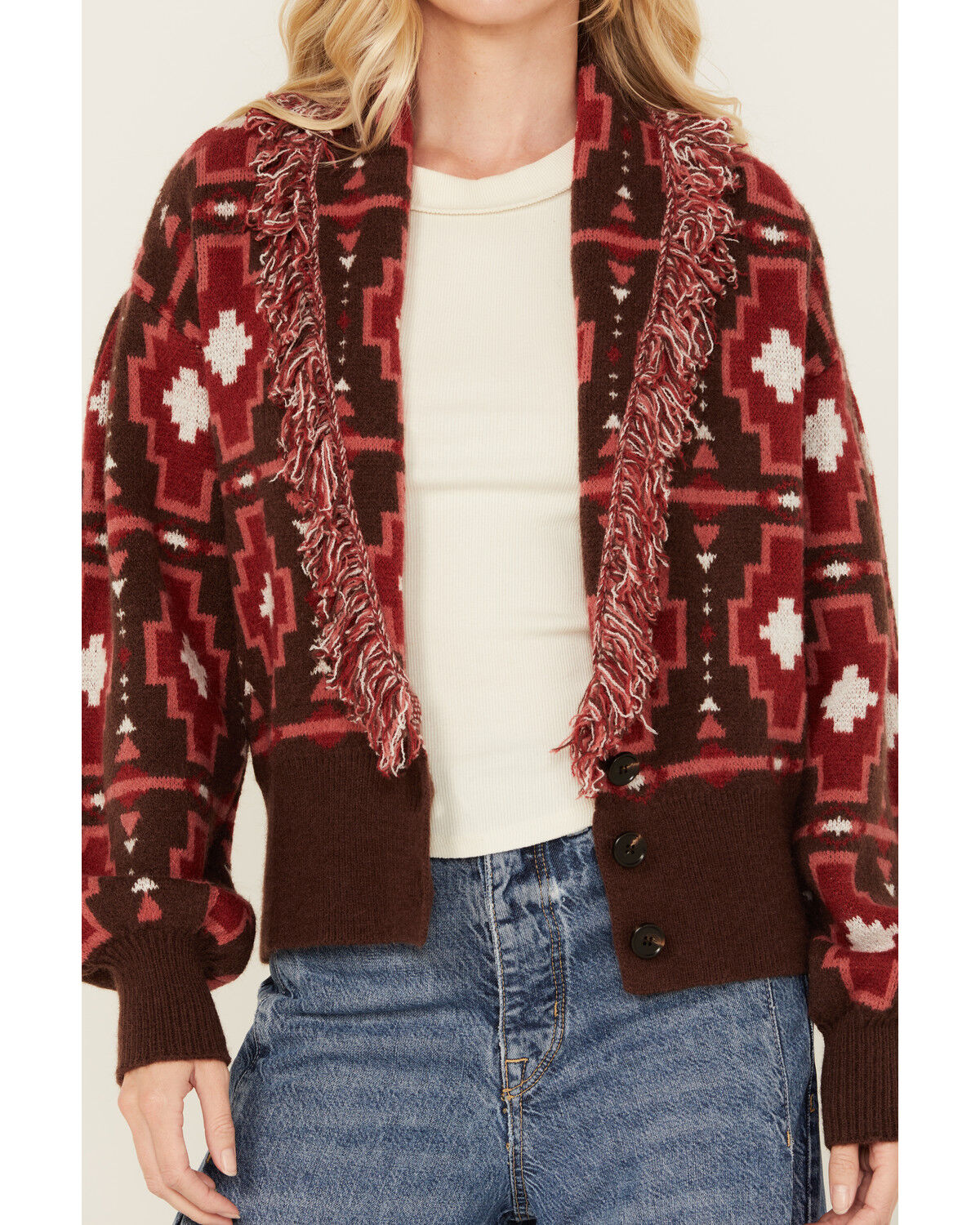 Image #2 - Shyanne Women's Cropped Southwestern Print Fringe Sweater, Mahogany, hi-res
