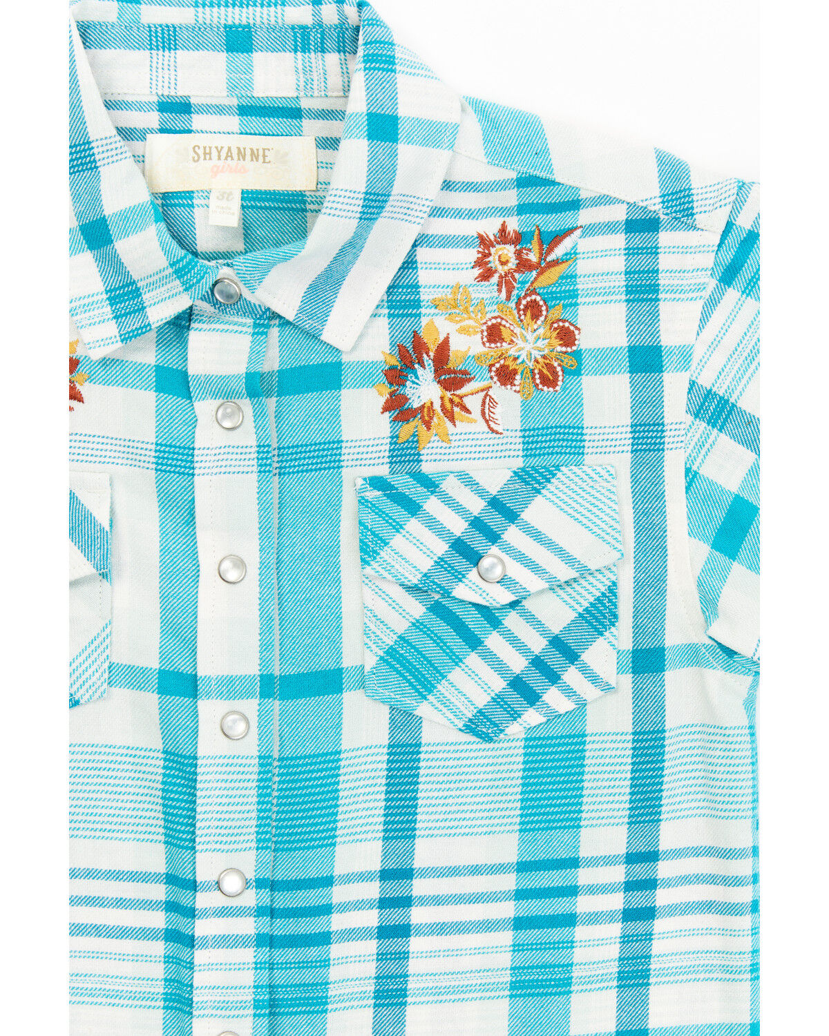 Image #2 - Shyanne Toddler Girls' Embroidered Plaid Print Short Sleeve Western Pearl Snap Shirt, Turquoise, hi-res