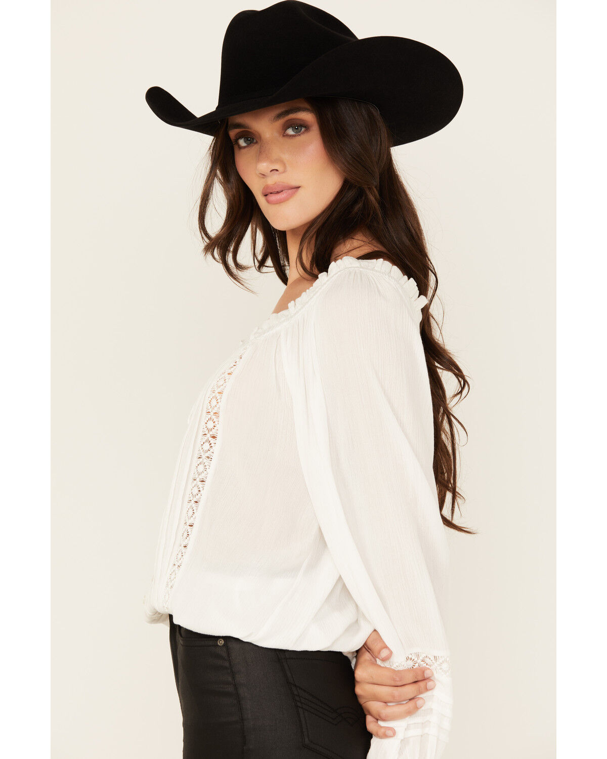 Image #2 - Wild Moss Women's Lace Detail Peasant Top, White, hi-res