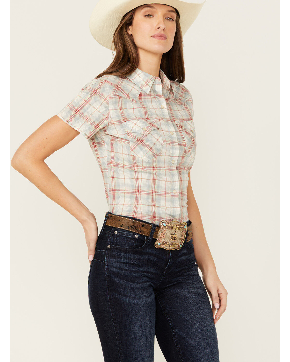 Image #2 - Wrangler Retro Women's Plaid Print Short Sleeve Pearl Snap Western Shirt, Cream, hi-res