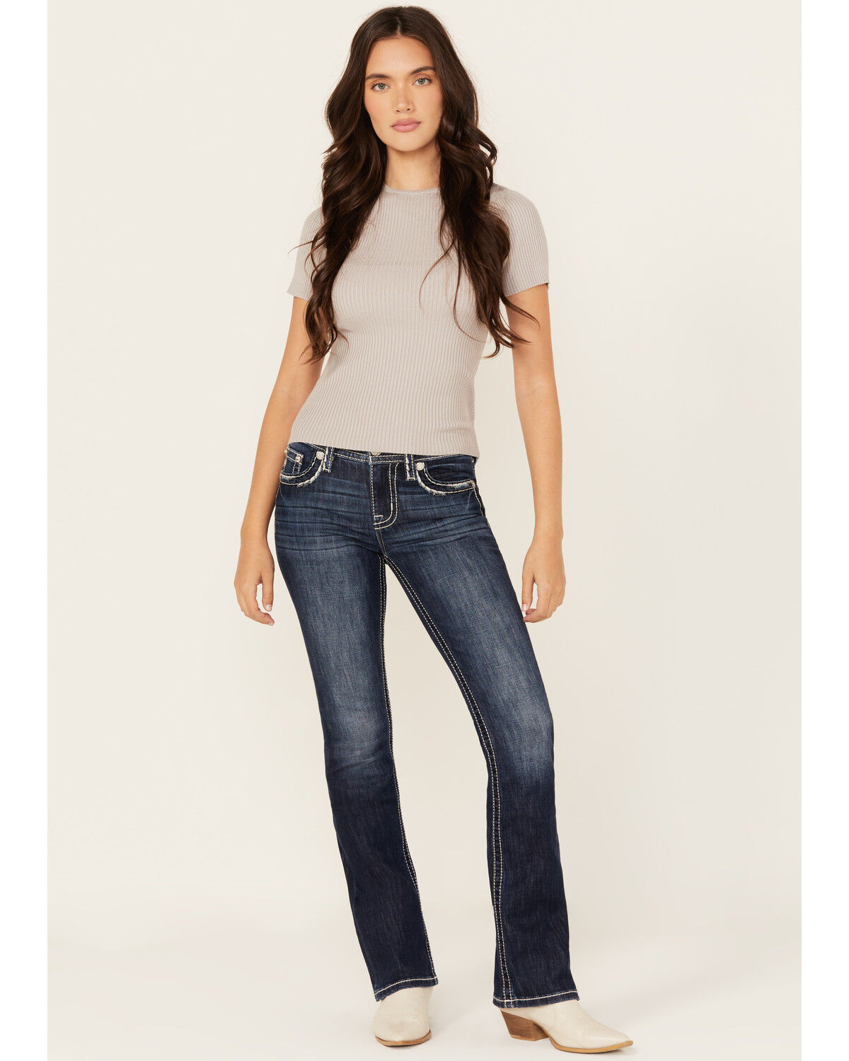 Image #3 - Miss Me Women's Dark Wash Mid Rise Border Pocket Bootcut Stretch Denim Jeans, Dark Wash, hi-res