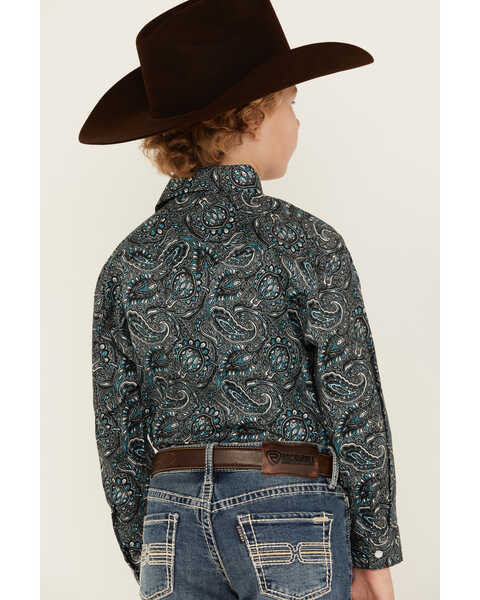 Image #4 - Rock & Roll Denim Boys' Paisley Print Long Sleeve Pearl Snap Western Shirt, Turquoise, hi-res